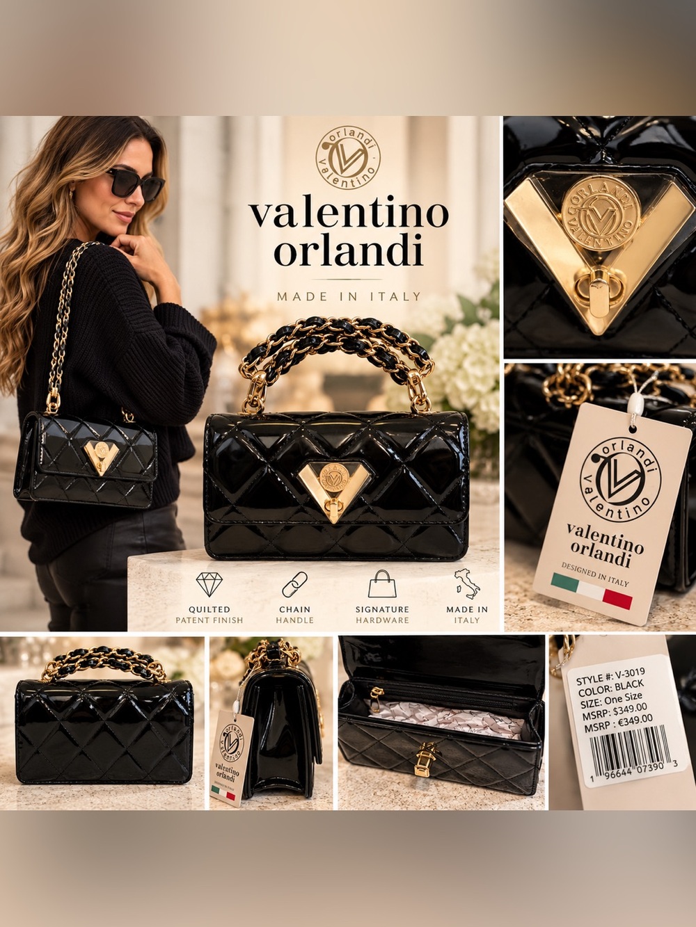 NWT Valentino Orlandi Black Quilted Patent Mini Chain Handbag
